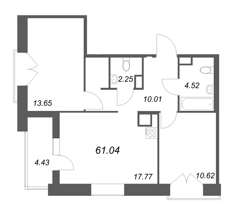 3-комнатная (Евро) квартира, 61.04 м² в ЖК "Ranta Residence" - планировка, фото №1