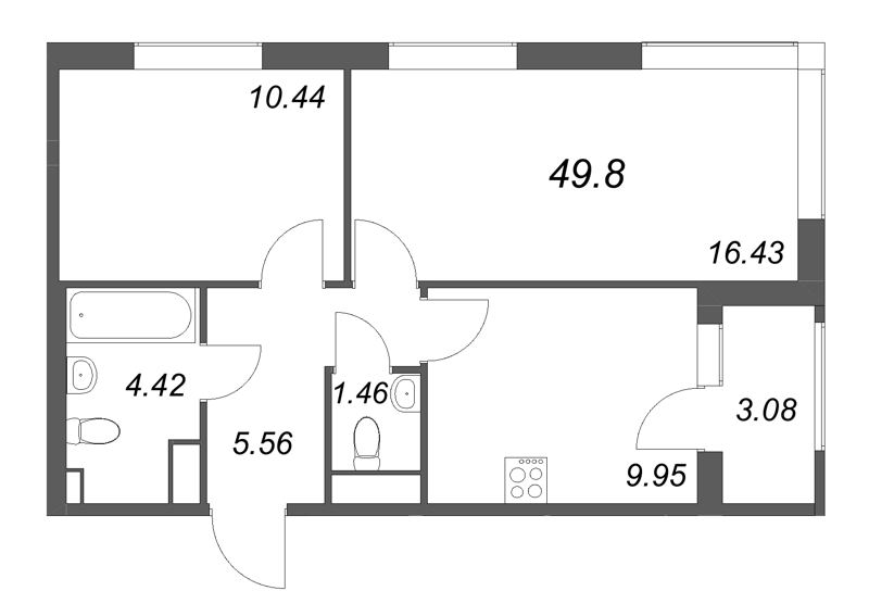 2-комнатная квартира, 49.8 м² в ЖК "Гранат" - планировка, фото №1