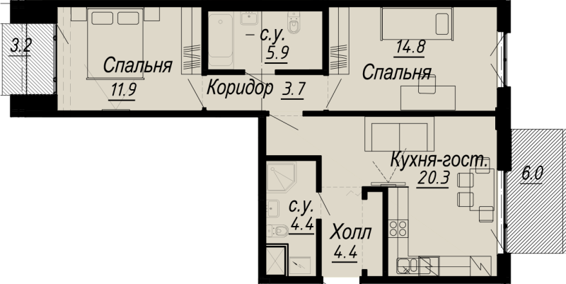 3-комнатная (Евро) квартира, 67.2 м² - планировка, фото №1