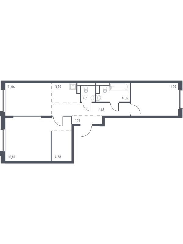 2-комнатная квартира, 61.86 м² - планировка, фото №1