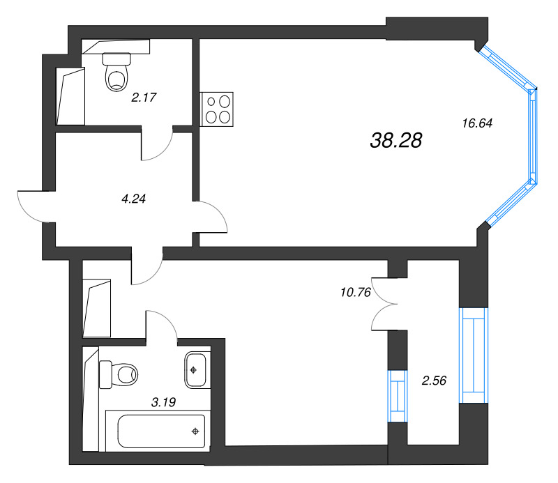 2-комнатная (Евро) квартира, 38.28 м² в ЖК "Цивилизация на неве" - планировка, фото №1