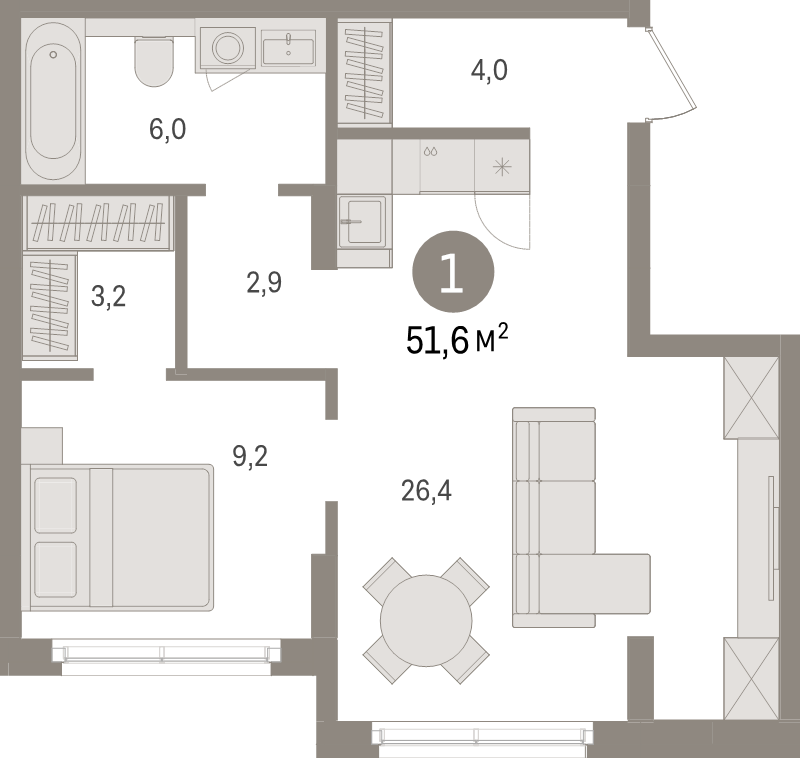 2-комнатная (Евро) квартира, 51.6 м² - планировка, фото №1