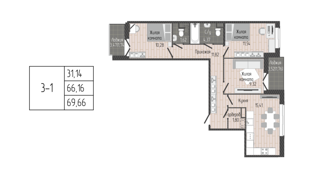 4-комнатная (Евро) квартира, 69.66 м² - планировка, фото №1