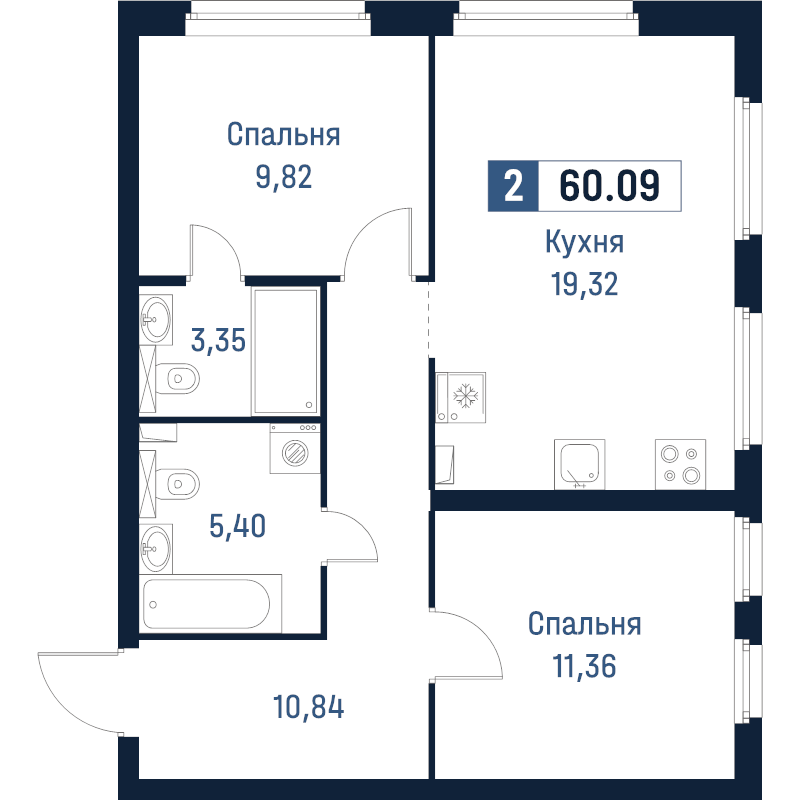 3-комнатная (Евро) квартира, 60.09 м² в ЖК "Максималист" - планировка, фото №1
