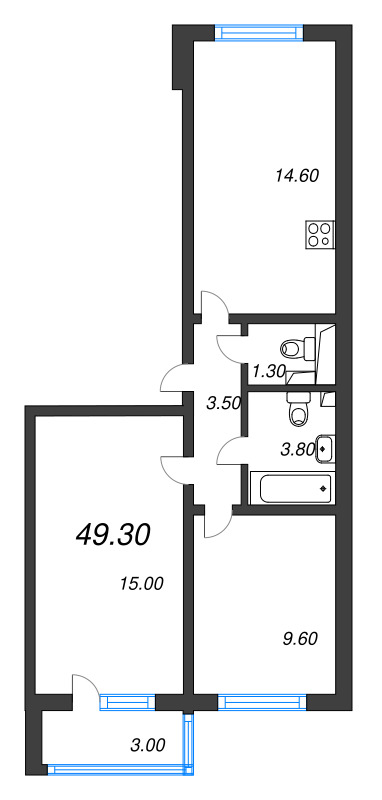 2-комнатная квартира, 49.3 м² в ЖК "Ручьи" - планировка, фото №1