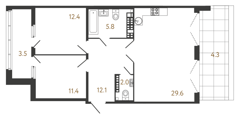 3-комнатная (Евро) квартира, 73.3 м² - планировка, фото №1