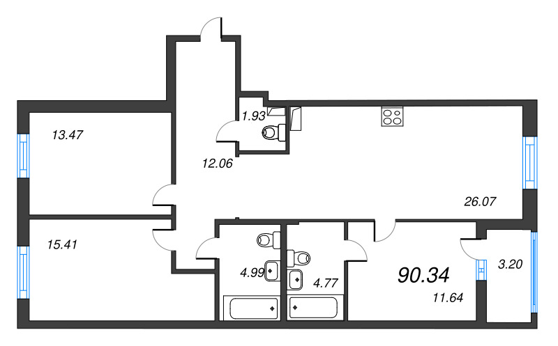 4-комнатная (Евро) квартира, 90.34 м² в ЖК "Чёрная речка" - планировка, фото №1