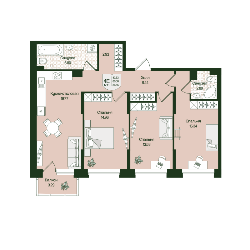 4-комнатная (Евро) квартира, 86.65 м² в ЖК "Охтинские высоты" - планировка, фото №1