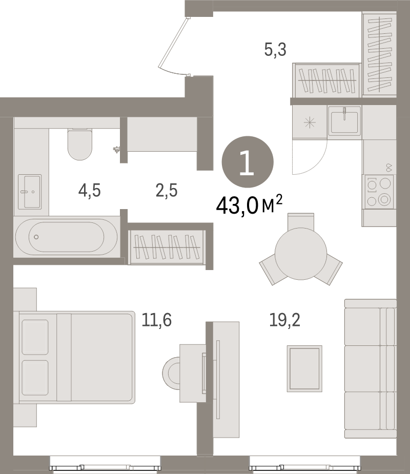 2-комнатная (Евро) квартира, 43 м² в ЖК "Брусника в Новоселье" - планировка, фото №1