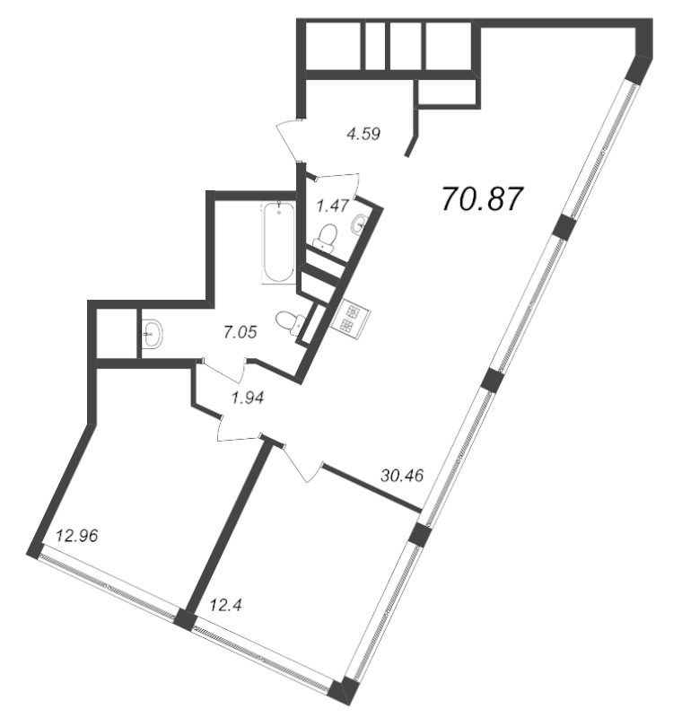 3-комнатная (Евро) квартира, 70.87 м² - планировка, фото №1