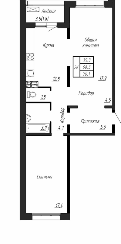 2-комнатная квартира, 70.1 м² в ЖК "Сибирь" - планировка, фото №1