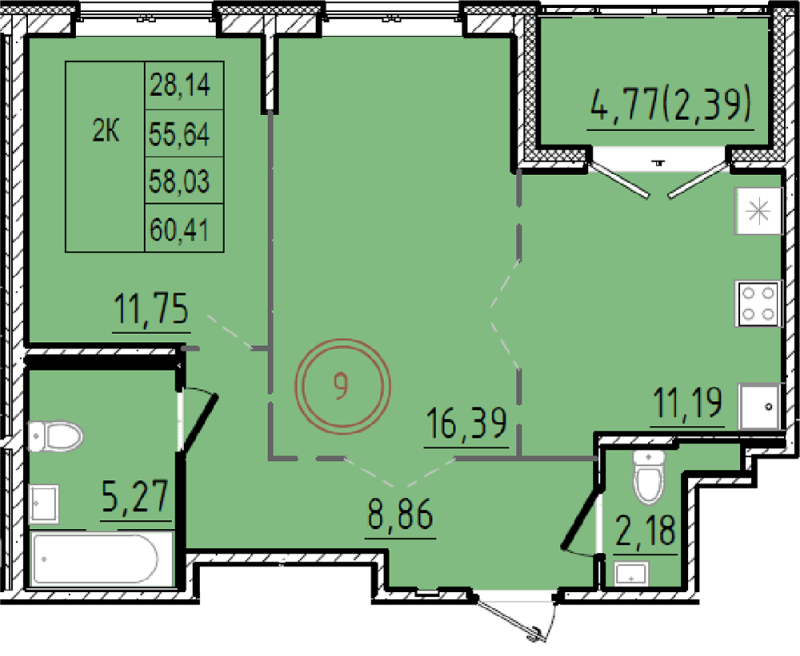 2-комнатная квартира, 55.64 м² в ЖК "Образцовый квартал 9.1" - планировка, фото №1