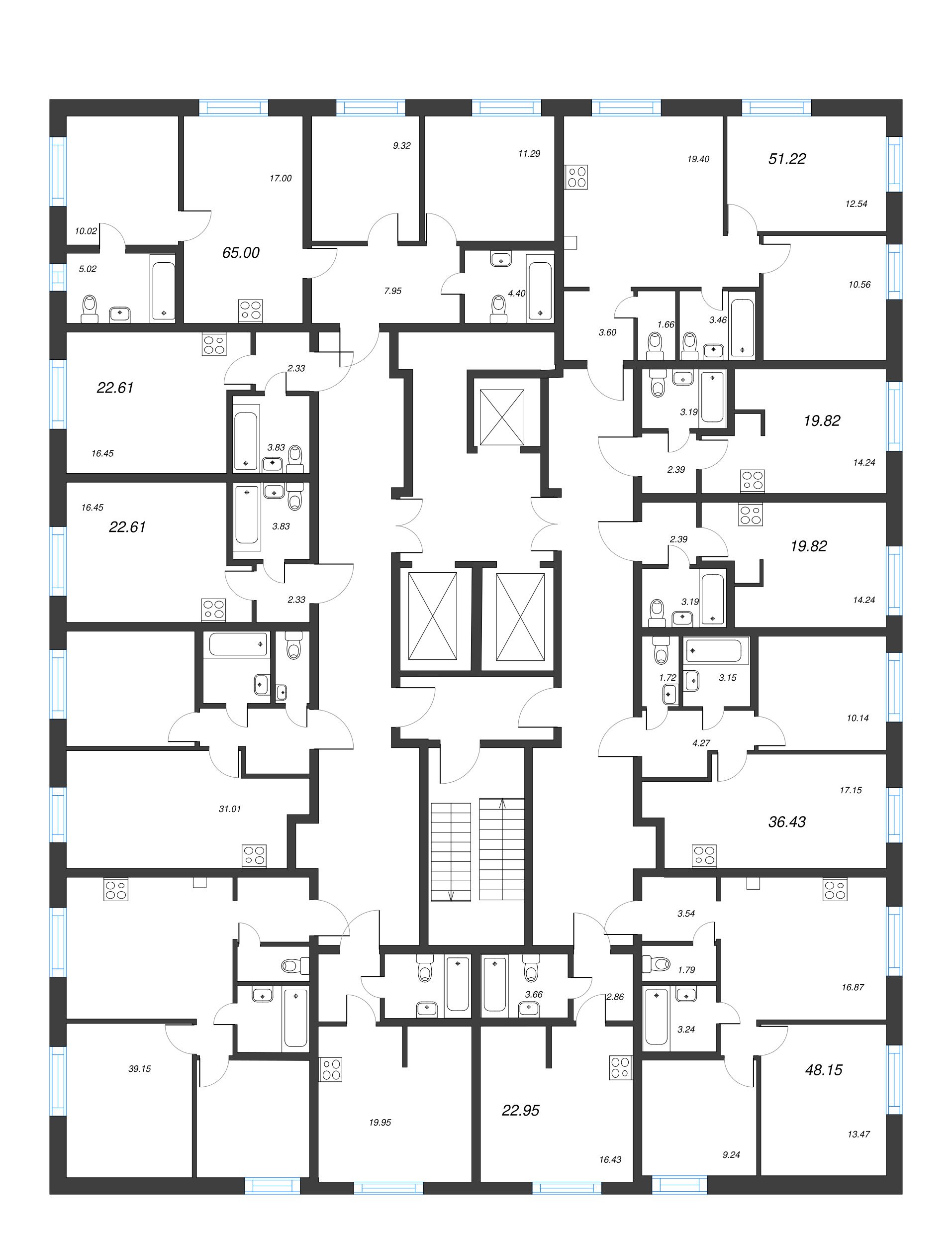 3-комнатная (Евро) квартира, 51.22 м² - планировка этажа