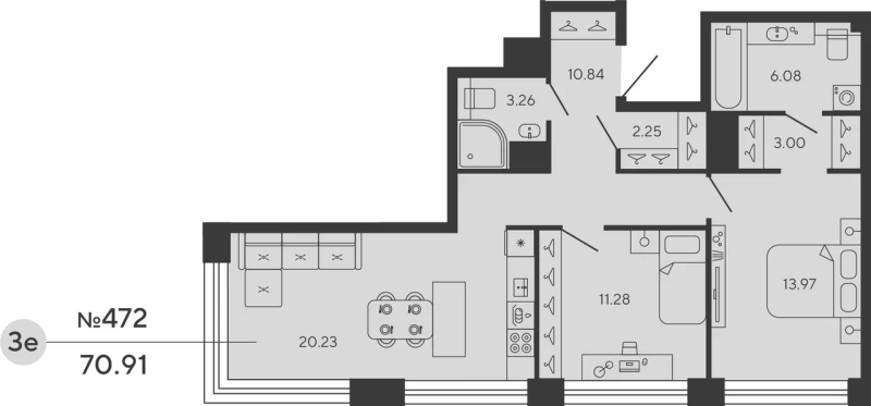3-комнатная (Евро) квартира, 70.91 м² в ЖК "Bashni Element" - планировка, фото №1