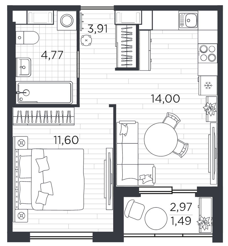 1-комнатная квартира, 35.77 м² в ЖК "PLUS Пулковский" - планировка, фото №1