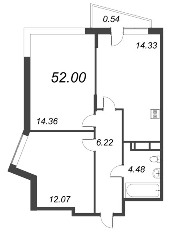 2-комнатная квартира, 52 м² - планировка, фото №1