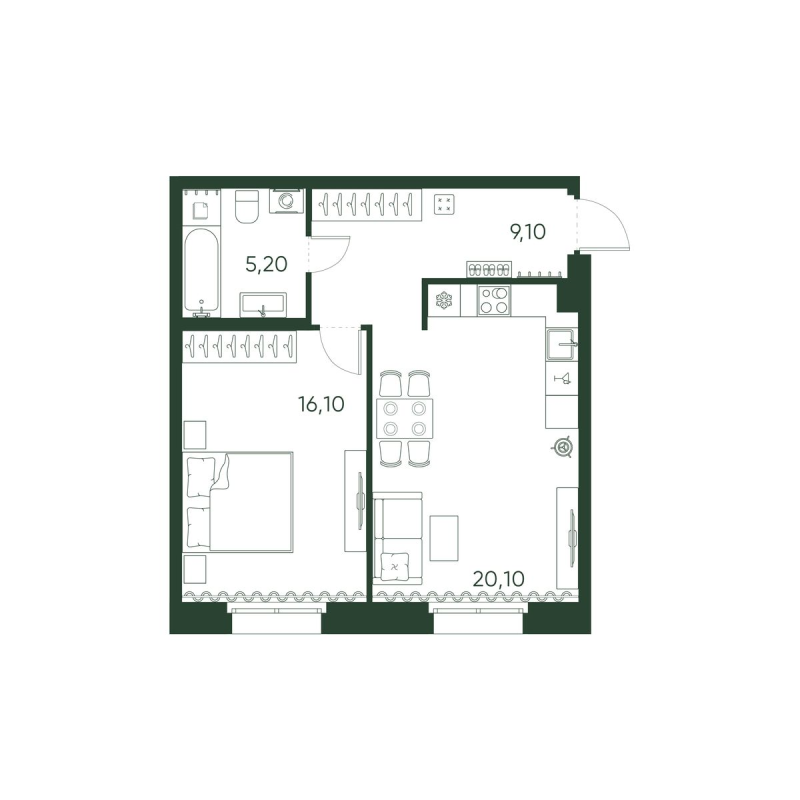 2-комнатная (Евро) квартира, 50.5 м² в ЖК "Моисеенко 10" - планировка, фото №1
