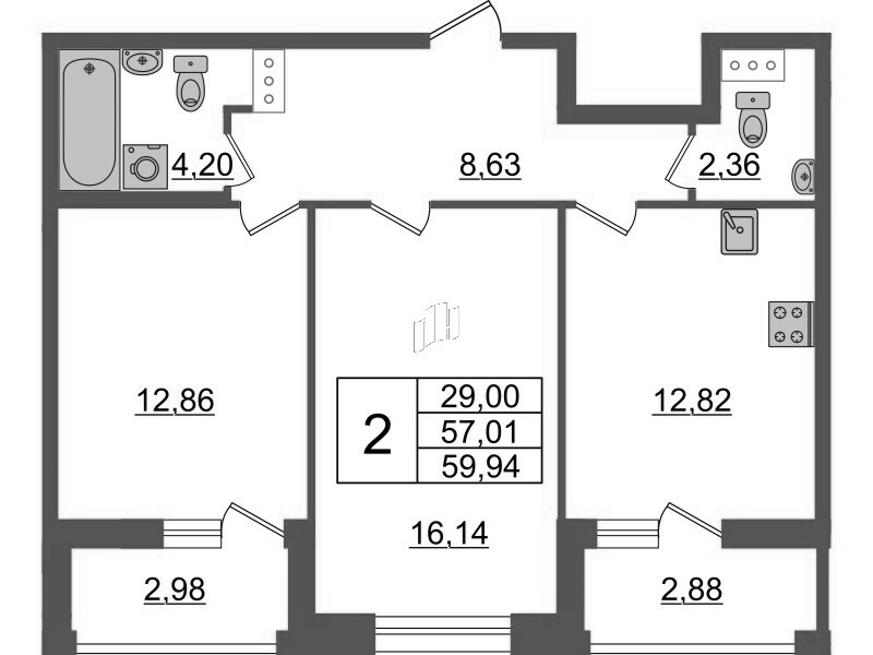 2-комнатная квартира, 59.94 м² - планировка, фото №1