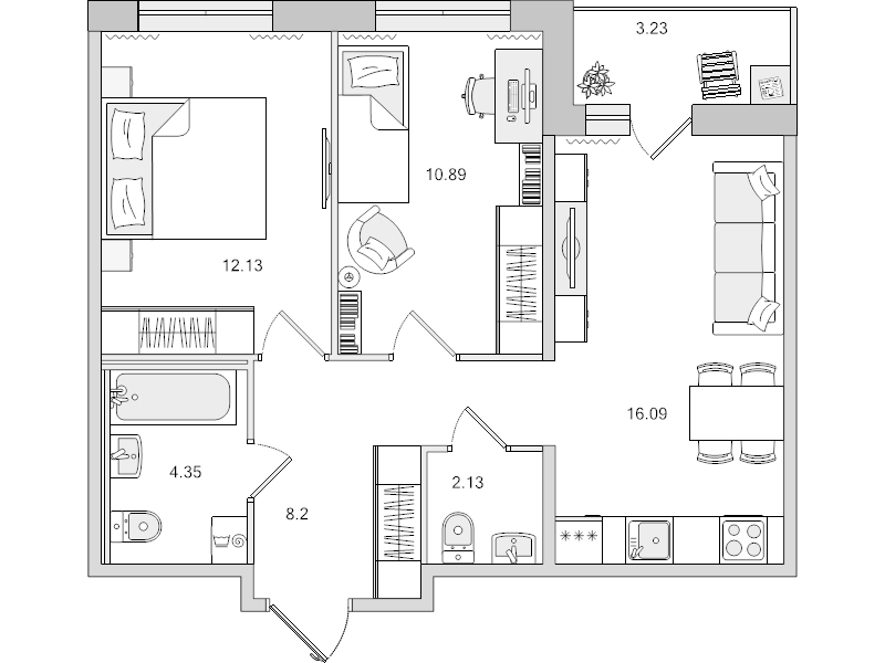 3-комнатная (Евро) квартира, 53.79 м² - планировка, фото №1