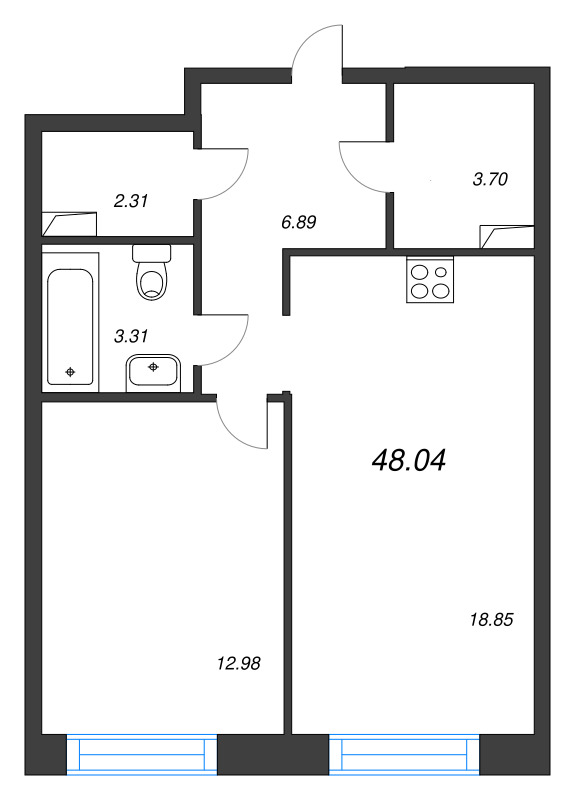 2-комнатная (Евро) квартира, 48.04 м² в ЖК "Остров Первых" - планировка, фото №1