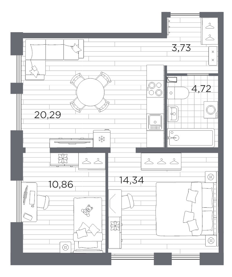 3-комнатная (Евро) квартира, 53.94 м² в ЖК "Сезоны" - планировка, фото №1