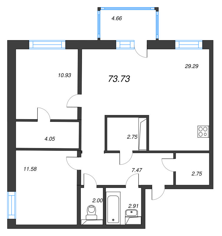 3-комнатная (Евро) квартира, 73.73 м² - планировка, фото №1