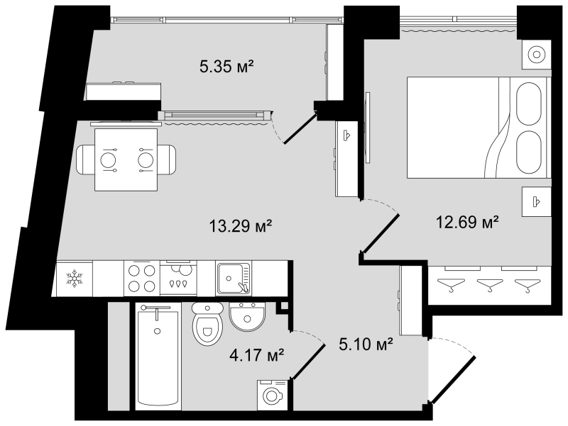 1-комнатная квартира, 37.93 м² в ЖК "Новгородская 8" - планировка, фото №1