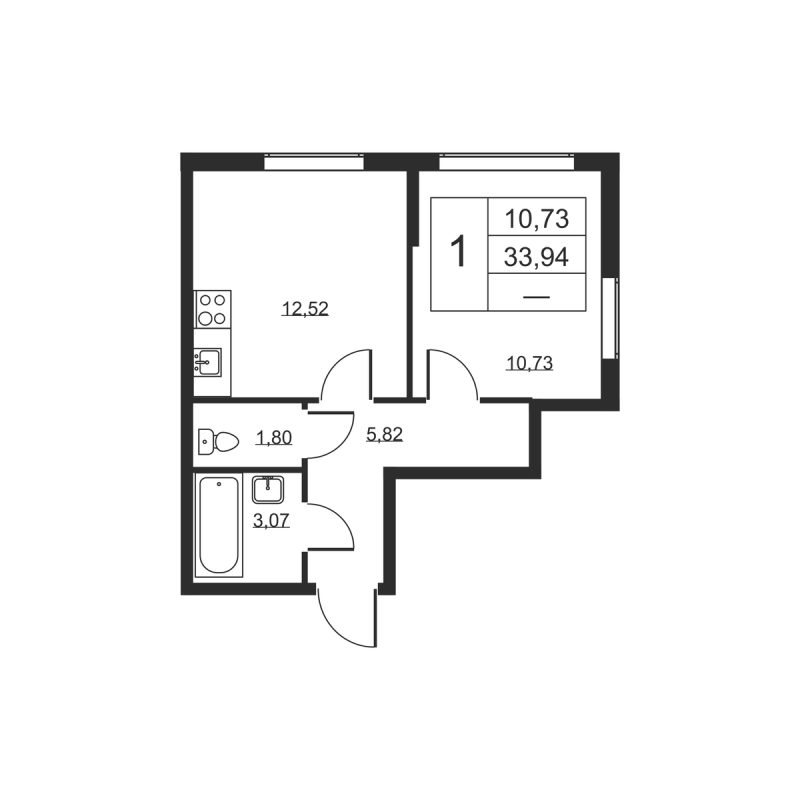 1-комнатная квартира, 33.94 м² в ЖК "Высота" - планировка, фото №1