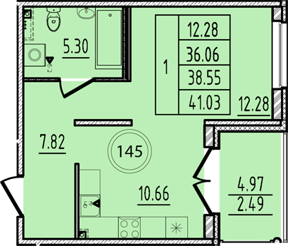 1-комнатная квартира, 36.06 м² - планировка, фото №1