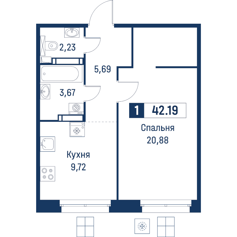 1-комнатная квартира, 42.19 м² в ЖК "Символист" - планировка, фото №1