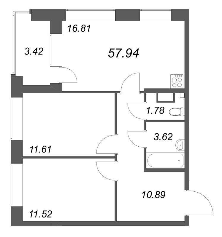 3-комнатная (Евро) квартира, 57.94 м² в ЖК "Аквилон Солар Парк" - планировка, фото №1