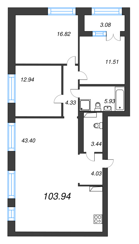 3-комнатная квартира, 103.94 м² - планировка, фото №1