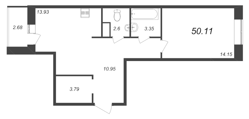 1-комнатная квартира, 50.11 м² - планировка, фото №1
