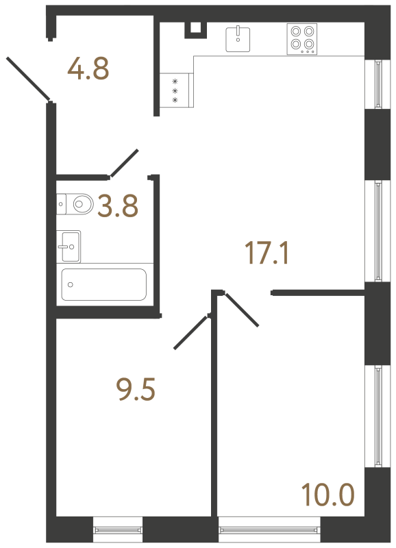 3-комнатная (Евро) квартира, 45.2 м² в ЖК "Передвижники 2" - планировка, фото №1
