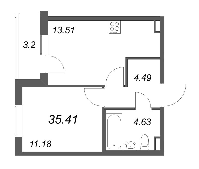 1-комнатная квартира, 35.41 м² в ЖК "Новая история" - планировка, фото №1