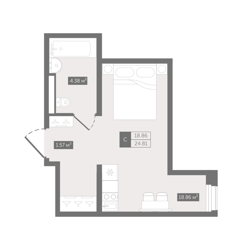 Квартира-студия, 24.81 м² в ЖК "Zoom Черная речка" - планировка, фото №1