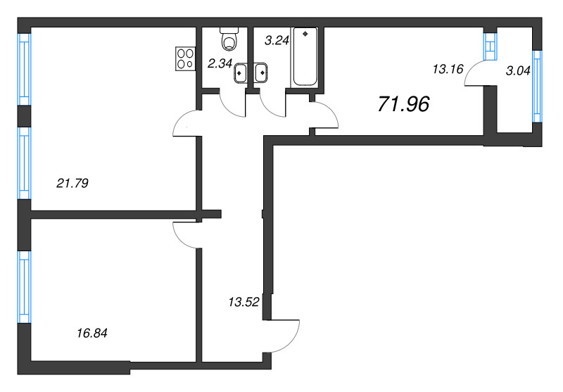 3-комнатная (Евро) квартира, 71.96 м² - планировка, фото №1