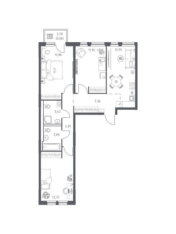 3-комнатная квартира, 72.41 м² в ЖК "Невская Долина" - планировка, фото №1