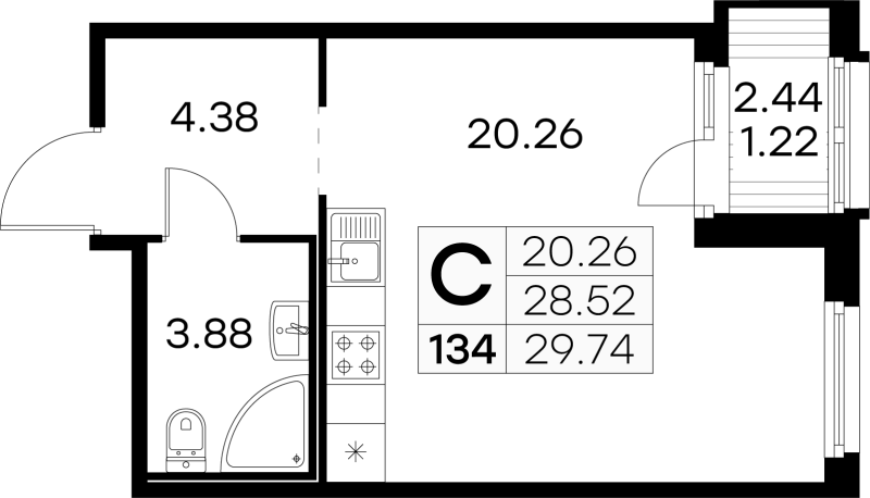 Квартира-студия, 29.74 м² в ЖК "GloraX Парголово" - планировка, фото №1