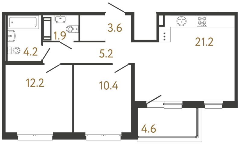 3-комнатная (Евро) квартира, 58.7 м² в ЖК "Передвижники" - планировка, фото №1