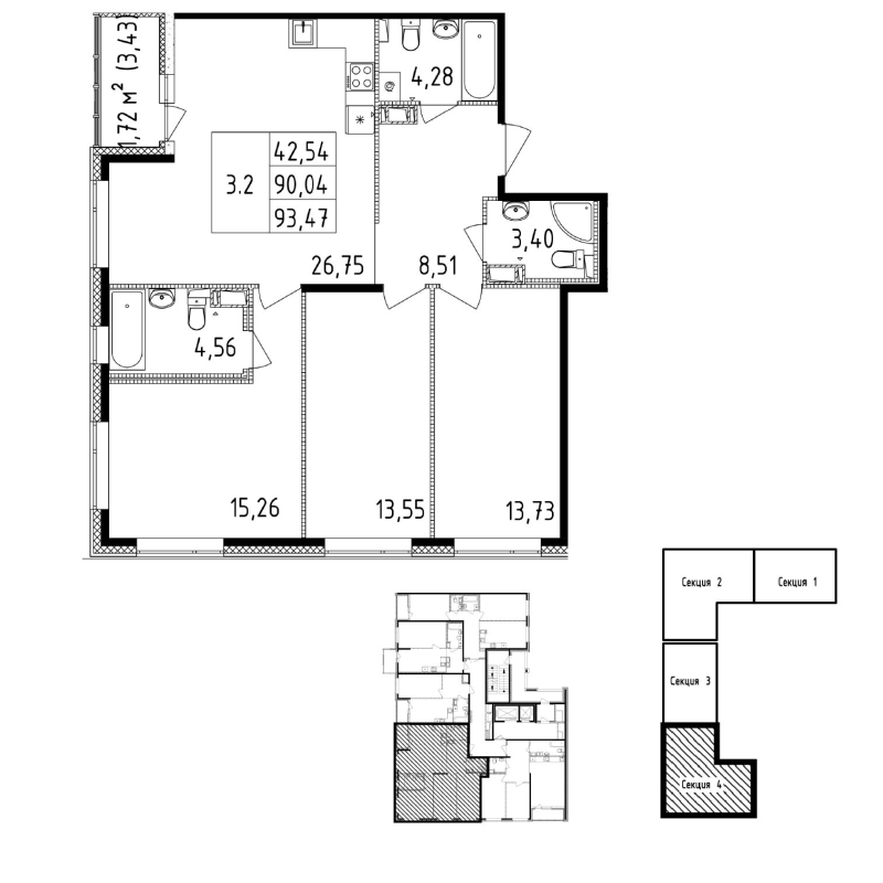 4-комнатная (Евро) квартира, 93.47 м² - планировка, фото №1