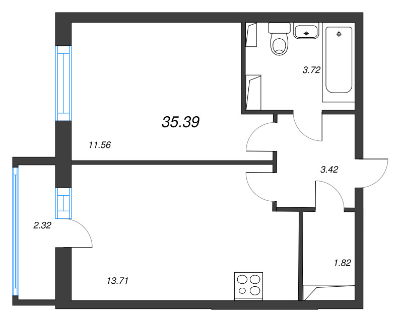2-комнатная (Евро) квартира, 35.39 м² в ЖК "Кинопарк" - планировка, фото №1