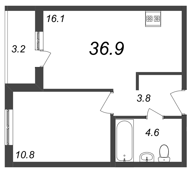 2-комнатная (Евро) квартира, 36.9 м² в ЖК "Новая Дубровка" - планировка, фото №1