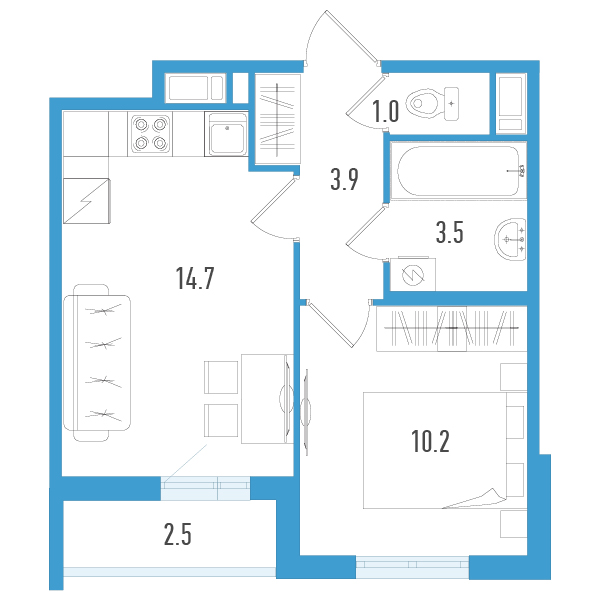 1-комнатная квартира, 34.6 м² - планировка, фото №1
