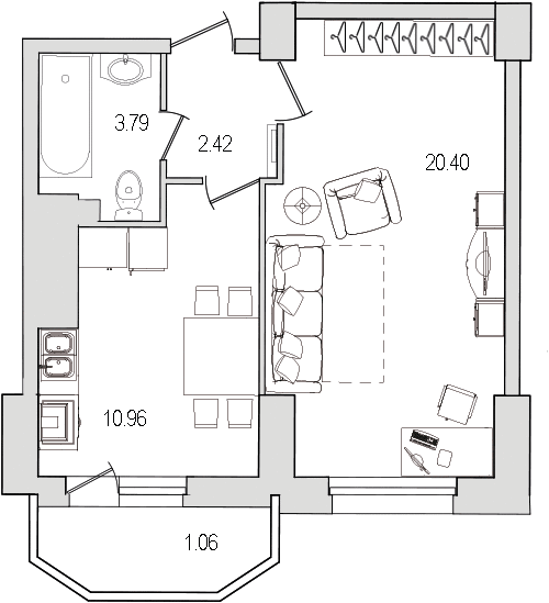 1-комнатная квартира, 41.2 м² - планировка, фото №1