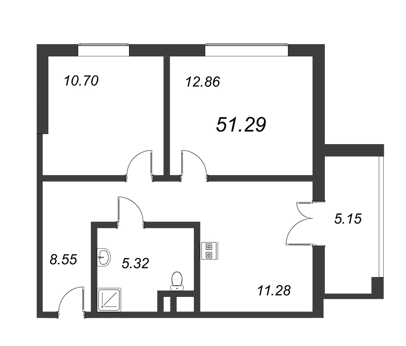 2-комнатная квартира, 52.6 м² в ЖК "WINGS апартаменты на Крыленко" - планировка, фото №1