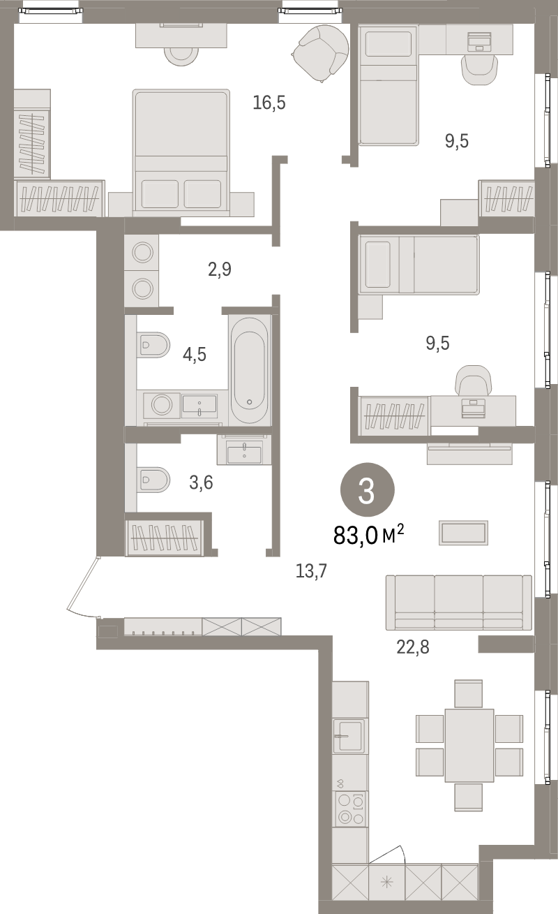 4-комнатная (Евро) квартира, 83 м² в ЖК "Брусника в Новоселье" - планировка, фото №1