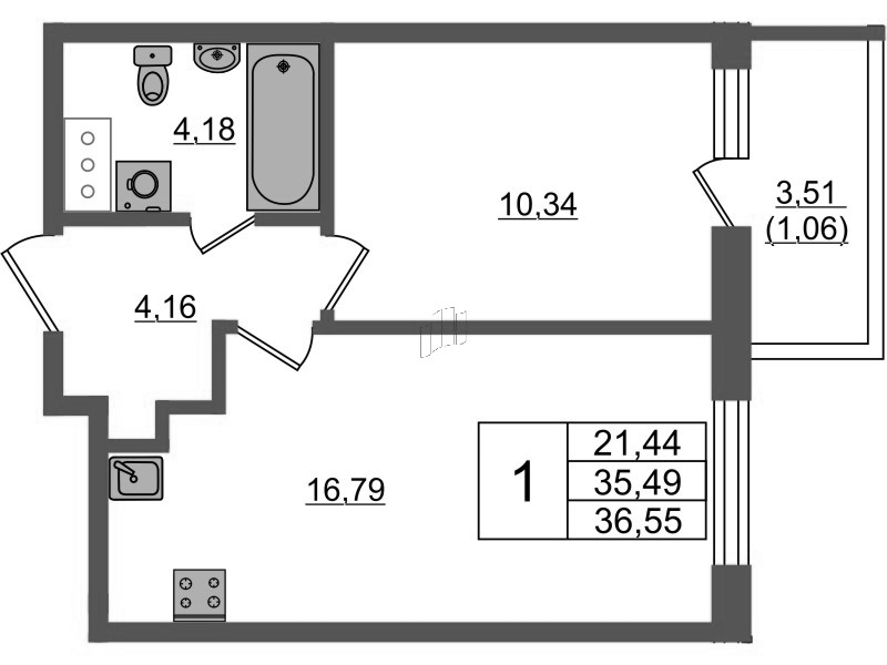 2-комнатная (Евро) квартира, 36.73 м² в ЖК "Аквилон Янино" - планировка, фото №1