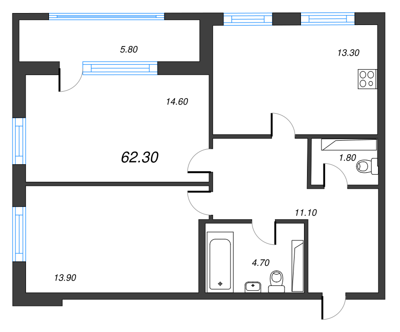 2-комнатная квартира, 62.1 м² - планировка, фото №1