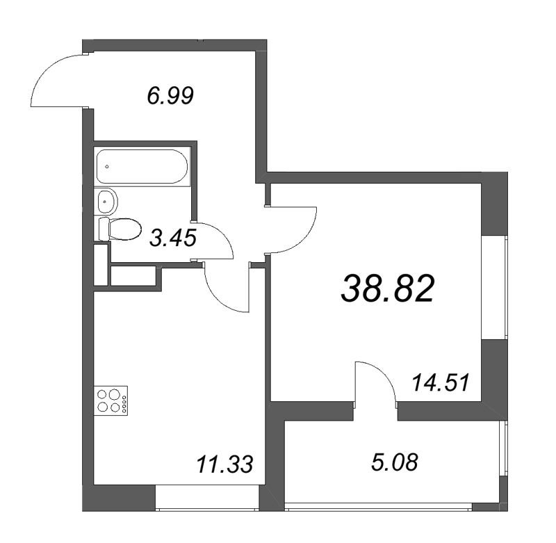 1-комнатная квартира, 38.82 м² - планировка, фото №1